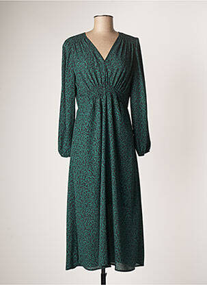 Robe mi-longue tissage crêpe manches longues vert LAUREN VIDAL femme