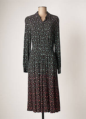 Robe mi-longue imprimé fleurs manches longues noir IDANO femme