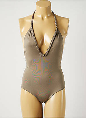 Maillot de bain 1 pièce effet matière satinée haut triangles marron ALMA DA ONDA femme