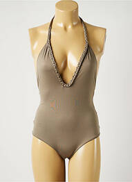 Maillot de bain 1 pièce effet matière satinée haut triangles marron ALMA DA ONDA femme