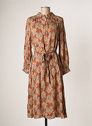Robe mi-longue imprimé fantaisie manches longues marron INDI & COLD femme