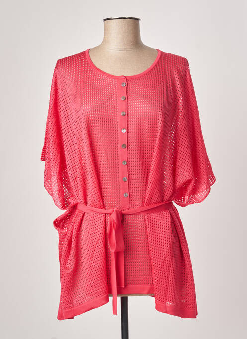 Pull tunique maille ajourée manches courtes rose MONTAGUT femme
