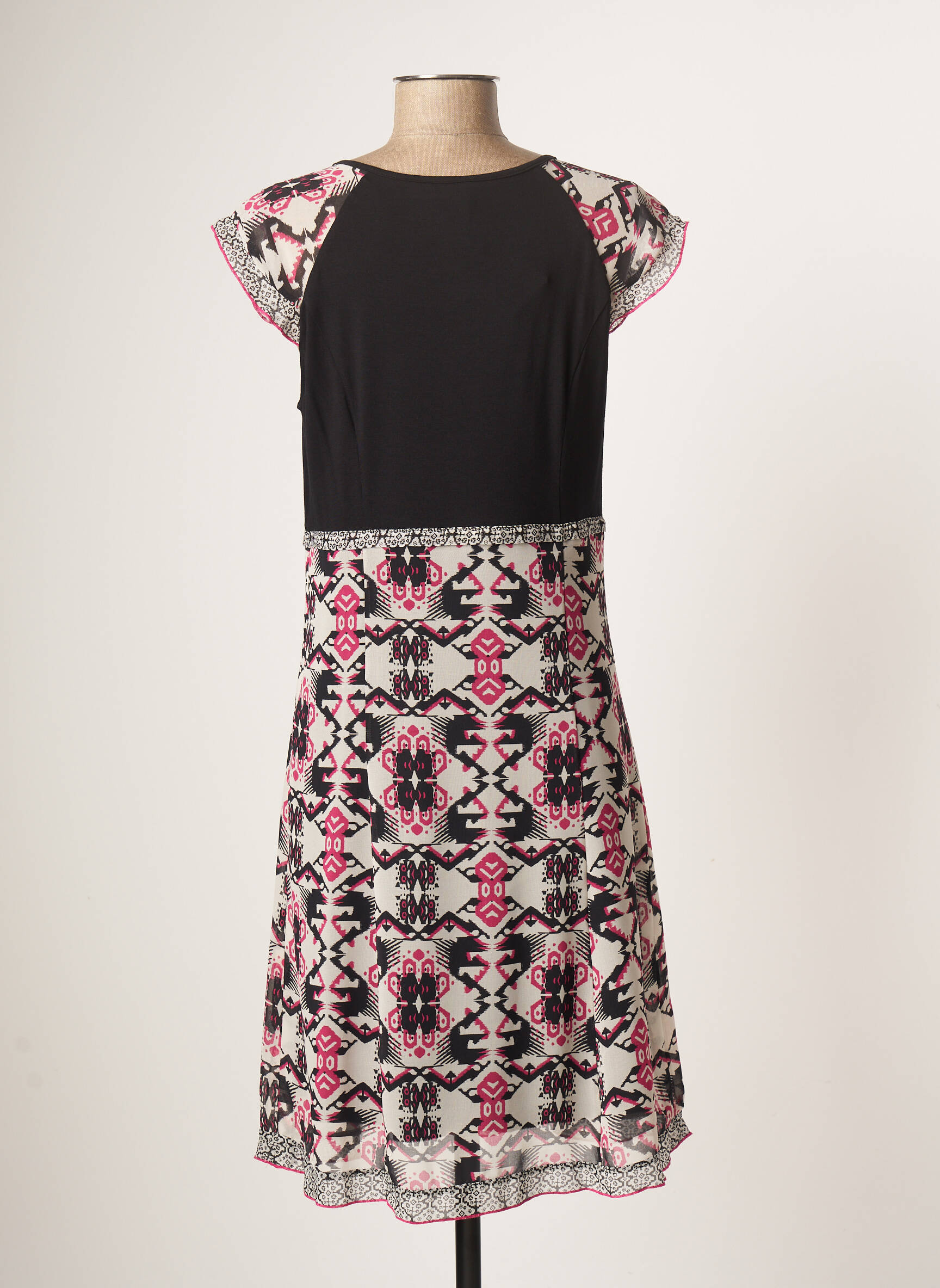 Robe mi-longue imprimé fantaisie manches courtes noir FRANCE RIVOIRE femme