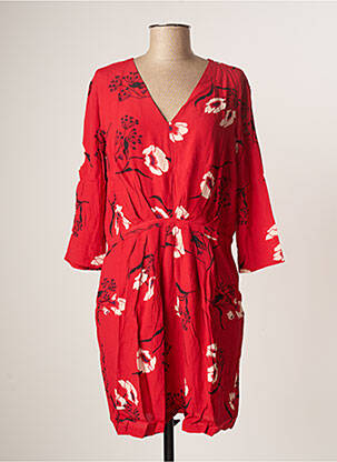 Robe mi-longue imprimé fleurs manches longues rouge ORFEO femme