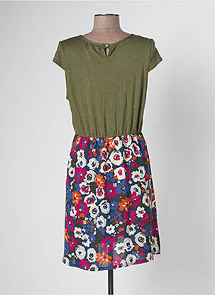 Robe mi-longue imprimé fleurs manches courtes vert BANANA MOON femme