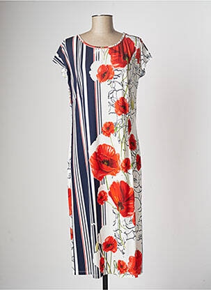 Robe mi-longue imprimé fleurs manches courtes rouge GUY DUBOUIS femme