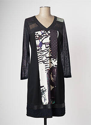 Robe mi-longue imprimé fantaisie manches longues noir GUY DUBOUIS femme