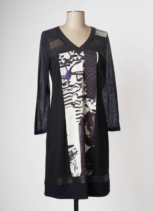 Robe mi-longue imprimé fantaisie manches longues noir GUY DUBOUIS femme
