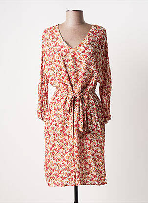 Robe mi-longue imprimé fleurs manches longues orange C'EST BEAU LA VIE femme