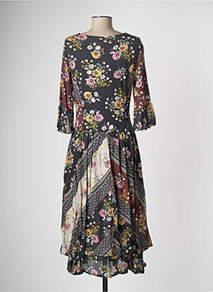 Robe mi-longue imprimé fleurs manches longues noir PAUL BRIAL femme