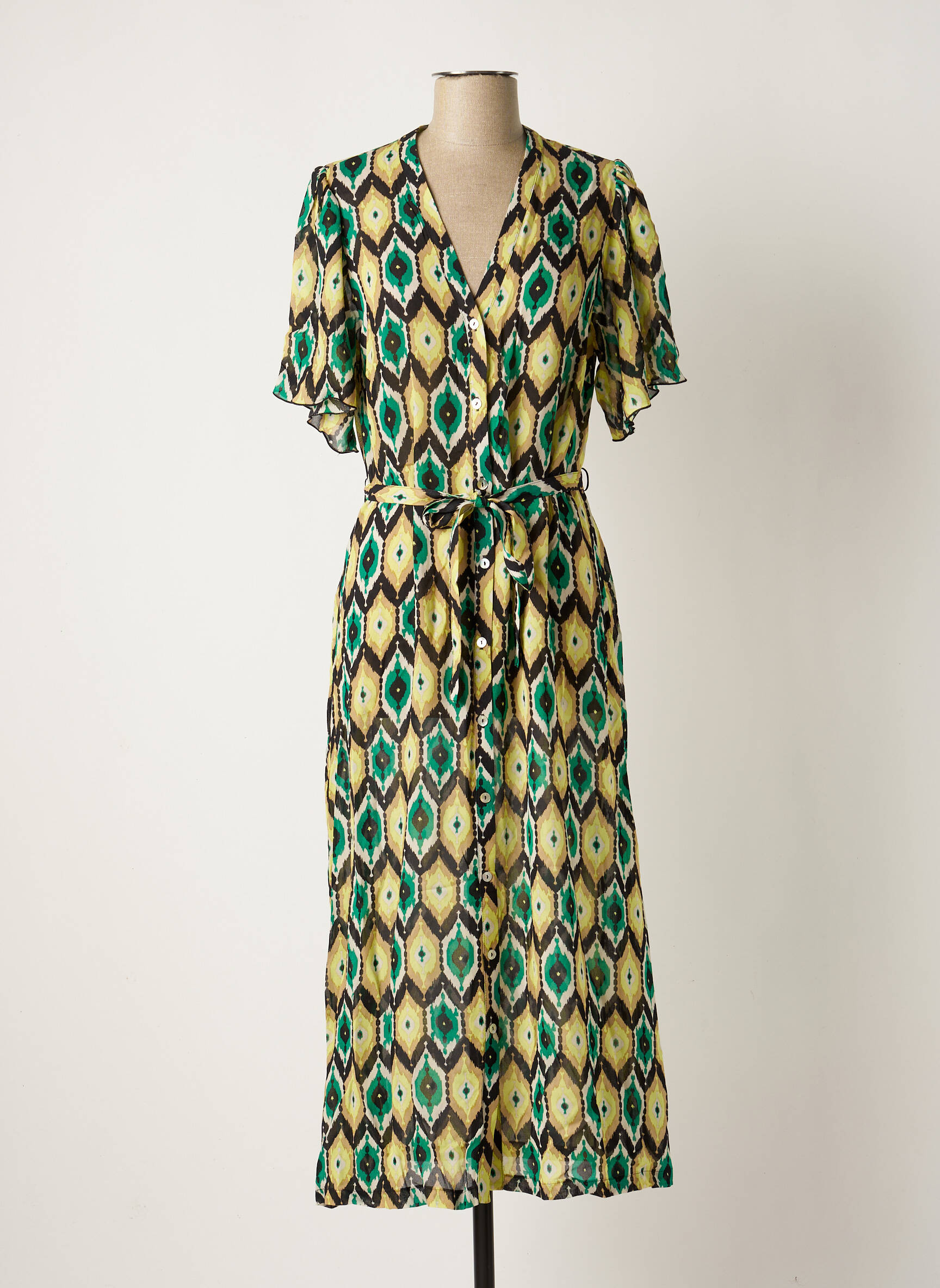 Robe mi-longue imprimé fantaisie manches courtes vert SUMMUM femme