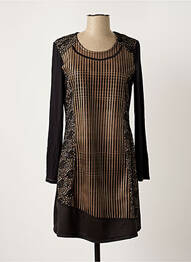 Robe mi-longue imprimé fantaisie manches longues noir KALISSON femme