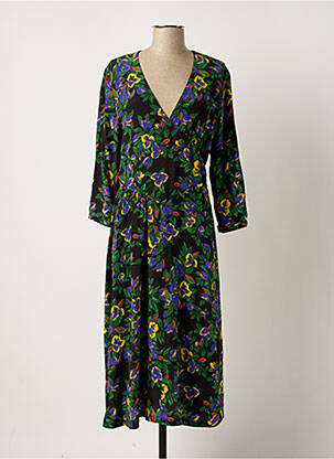 Robe mi-longue imprimé fleurs manches longues vert IDANO femme