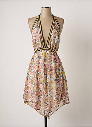 Robe mi-longue imprimé fleurs fines bretelles beige MORGAN femme