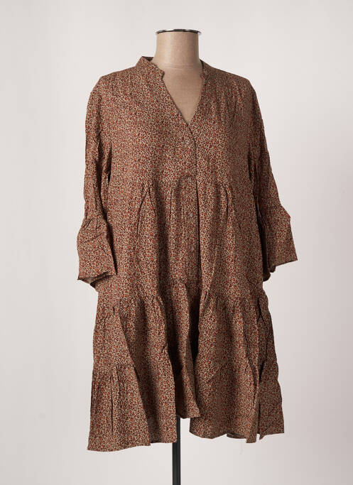 Robe mi-longue coupe fluide manches longues marron LAST QUEEN femme