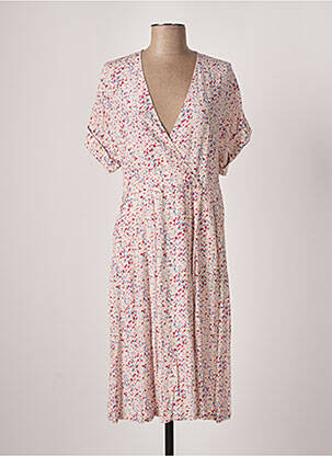 Robe mi-longue imprimé fantaisie manches courtes beige IDANO femme