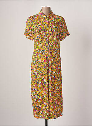 Robe mi-longue imprimé fleurs manches courtes jaune IDANO femme