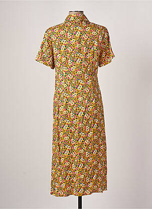 Robe mi-longue imprimé fleurs manches courtes jaune IDANO femme