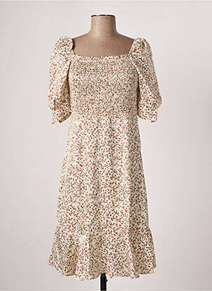 Robe mi-longue imprimé fleurs manches courtes beige CALIE femme
