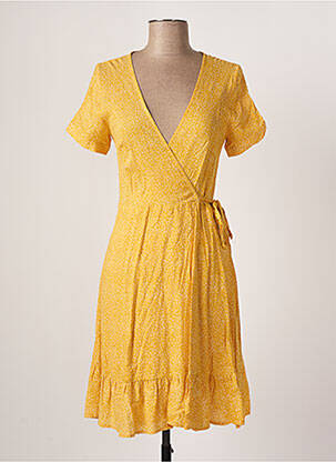 Robe mi-longue imprimé fantaisie manches courtes jaune CALIE femme