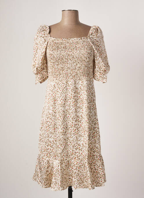 Robe mi-longue imprimé fleurs manches courtes beige CALIE femme