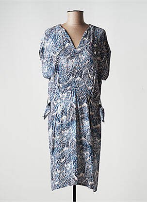 Robe mi-longue tissage crêpe manches courtes bleu EVA KAYAN femme