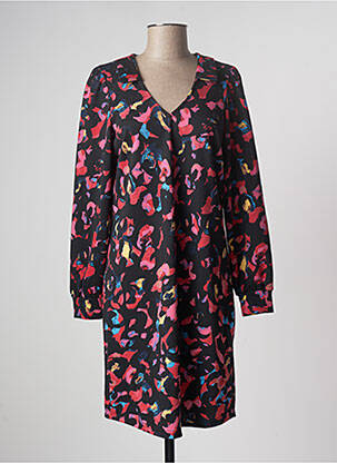 Robe mi-longue imprimé fantaisie manches longues noir ICHI femme
