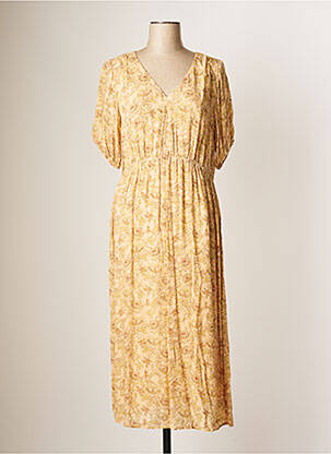 Robe mi-longue imprimé fleurs manches courtes beige YAYA femme