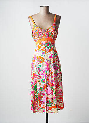 Robe mi-longue imprimé fleurs fines bretelles orange PAUL BRIAL femme