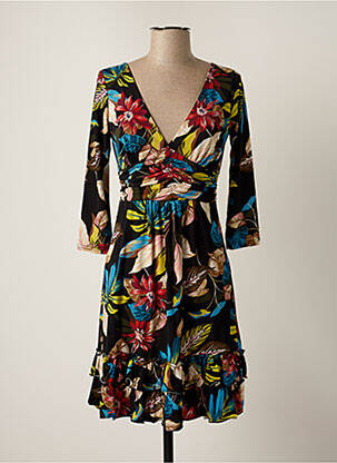 Robe mi-longue imprimé fleurs manches longues noir FIFILLES femme