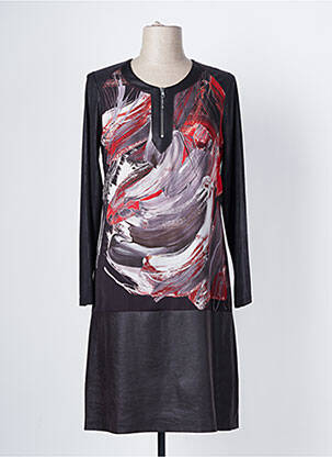 Robe mi-longue imprimé fantaisie manches longues noir FRANCE RIVOIRE femme