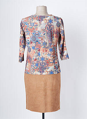 Robe mi-longue imprimé fleurs manches 3/4 beige FILLE A SUIVRE femme
