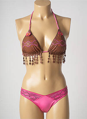 Maillot de bain 2 pièces fermeture liens à nouer haut triangles rose PIN UP femme
