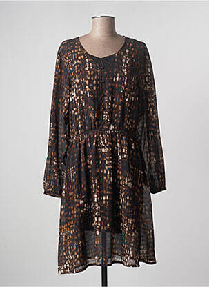 Robe mi-longue coupe fluide manches longues marron ICHI femme