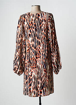 Robe mi-longue manches longues manches longues marron ICHI femme