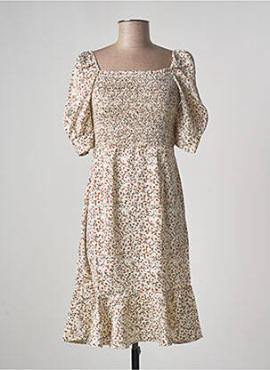 Robe mi-longue imprimé fleurs manches courtes beige CALIE femme