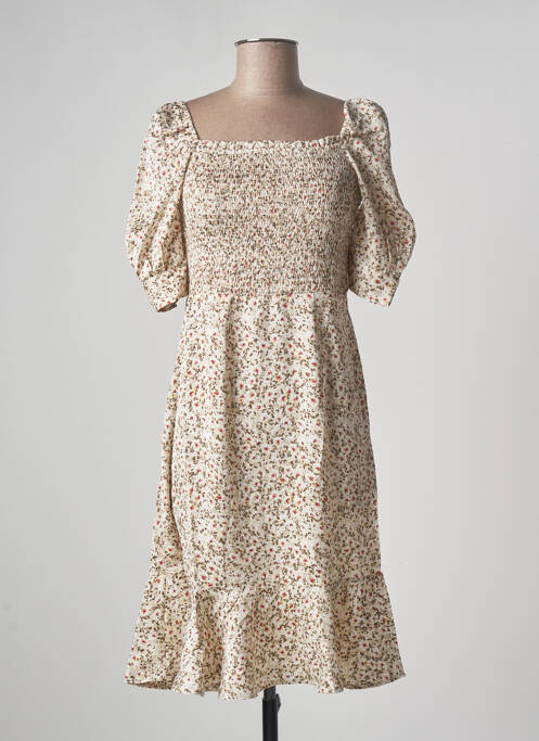 Robe mi-longue imprimé fleurs manches courtes beige CALIE femme