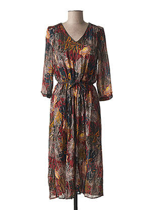 Robe mi-longue imprimé fleurs manches 3/4 marron JULIE GUERLANDE femme