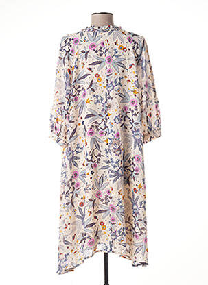Robe mi-longue imprimé fleurs manches courtes beige BRUNO SAINT HILAIRE femme