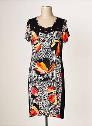 Robe mi-longue imprimé fleurs manches courtes noir FRANCE RIVOIRE femme