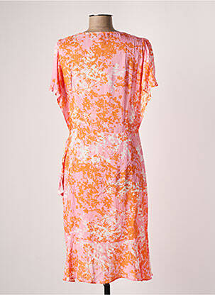 Robe mi-longue imprimé fleurs manches courtes orange EVA KRYSTAL femme