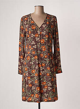 Robe mi-longue imprimé fleurs manches longues marron INDI & COLD femme