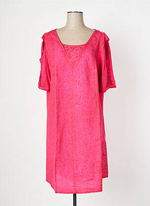 Robe mi-longue tissage crêpe manches courtes rose MALOKA femme