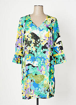 Robe mi-longue imprimé fleurs manches 3/4 bleu MALOKA femme