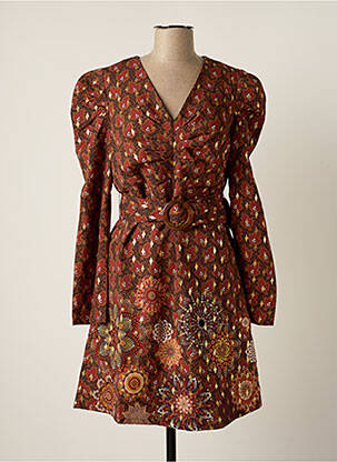 Robe mi-longue imprimé fleurs manches longues marron MULTIPLES femme
