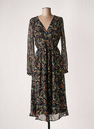 Robe mi-longue imprimé fantaisie manches longues noir LEON & HARPER femme