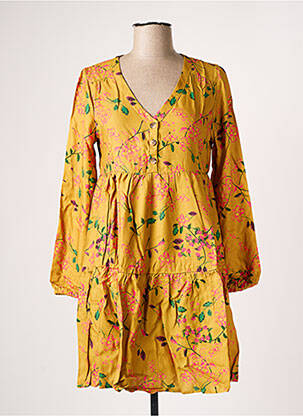Robe mi-longue imprimé fleurs manches longues jaune BANANA MOON femme