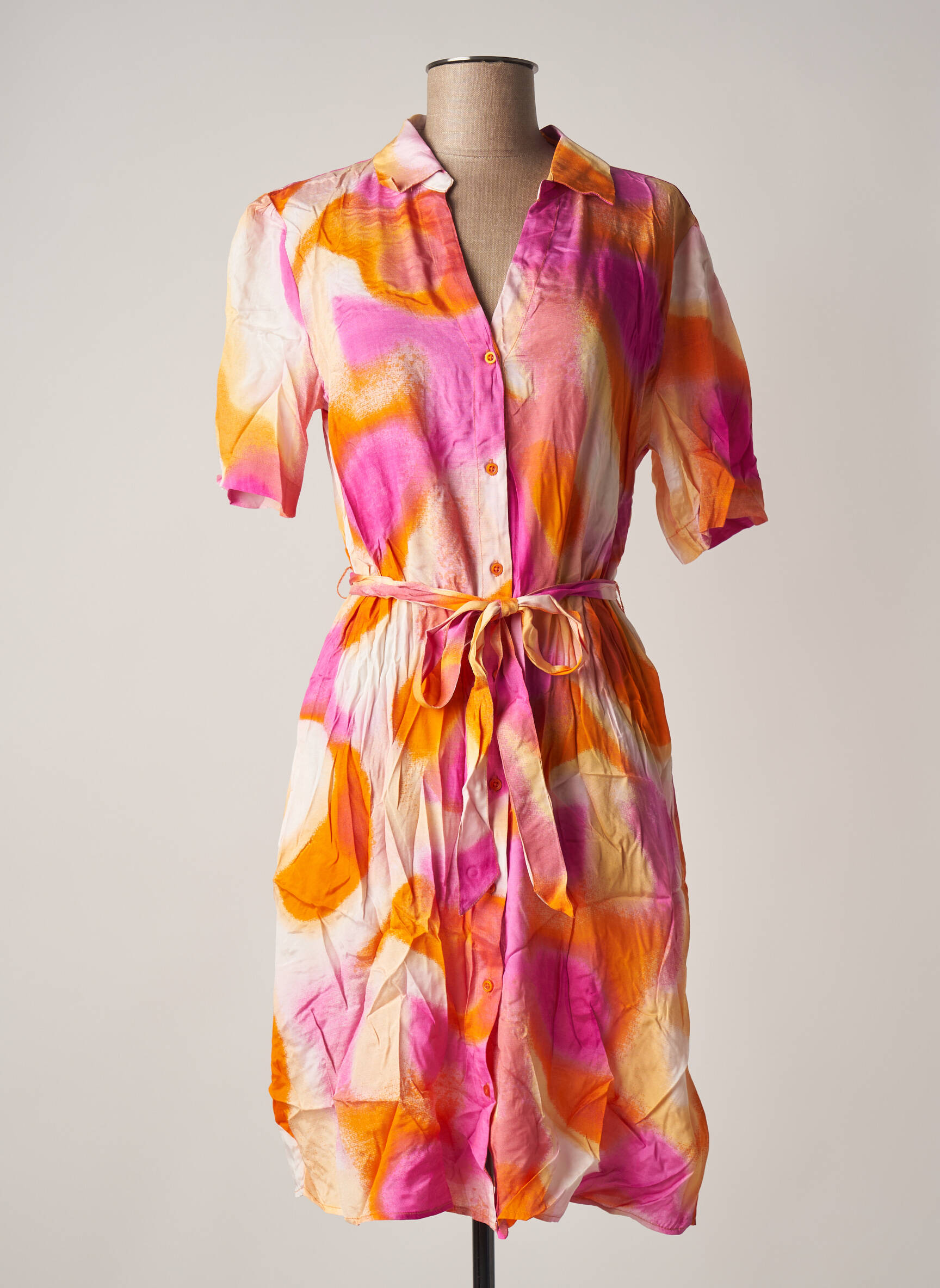 Robe mi-longue imprimé fantaisie manches courtes rose B.YOUNG femme
