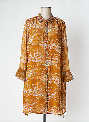Robe mi-longue coupe fluide manches longues marron ICHI femme