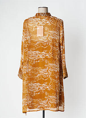 Robe mi-longue coupe fluide manches longues marron ICHI femme